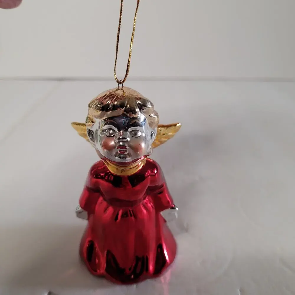 Angel Bell Christmas Ornament - Blond Hair, Red Dress, Gold Wings